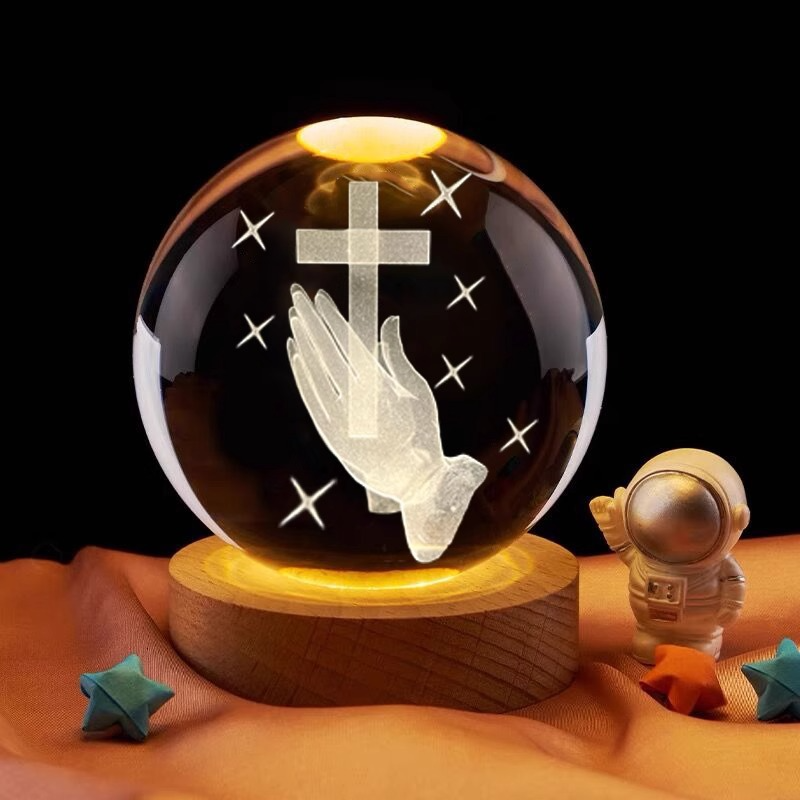 3D Engraved Light Emitting Crystal Ball Cross Desktop Ornament Small Night Light Creative Activity Gift for Festivals and Birthdays