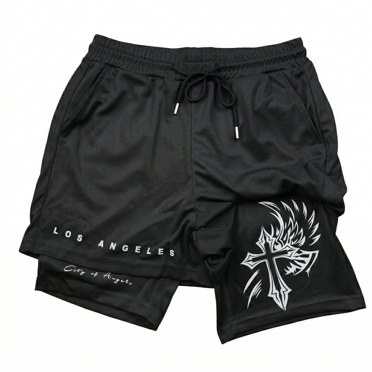 Manfinity EMRG Letter & Cross Print Drawstring Gym Shorts